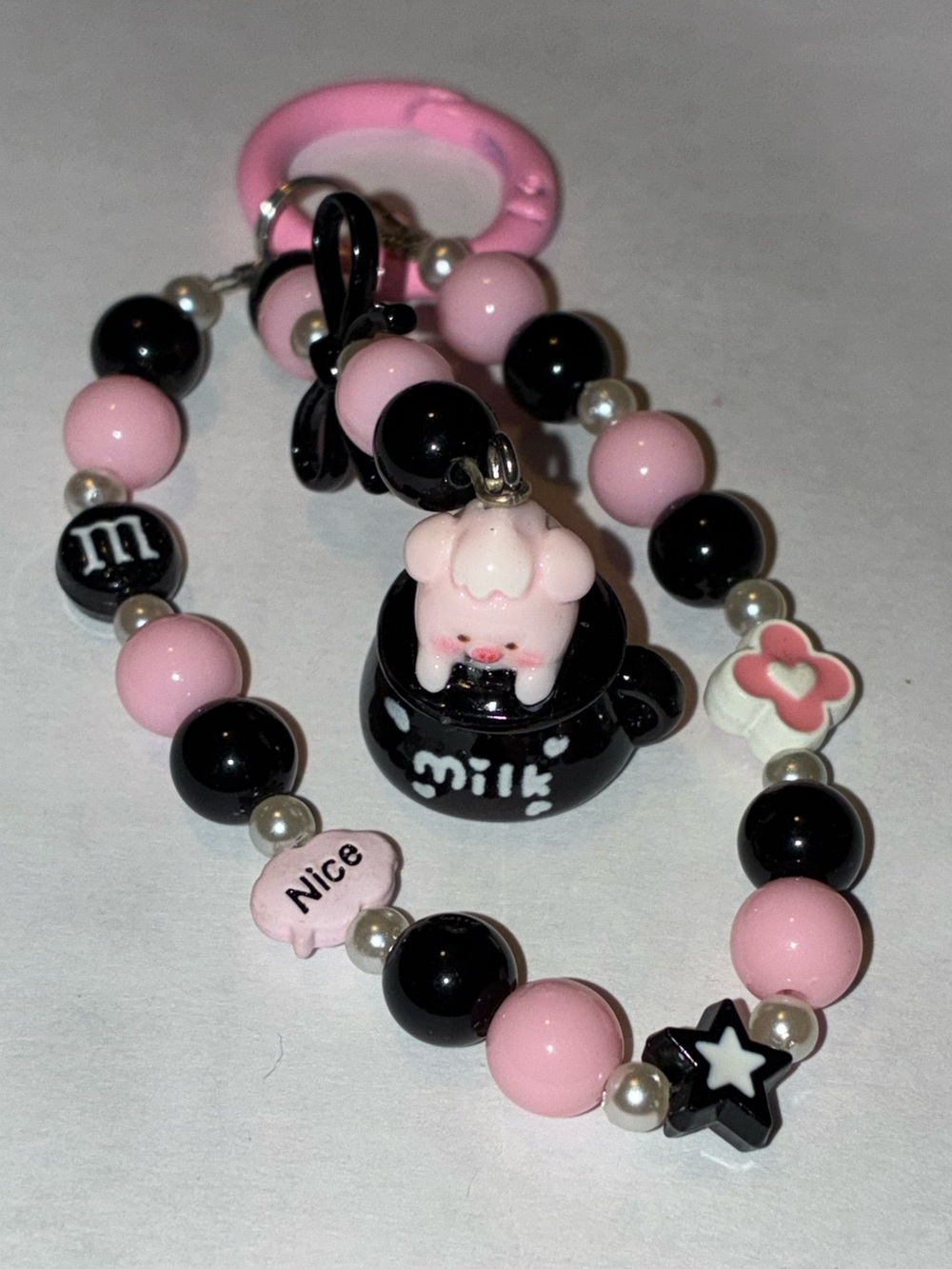 Pink & Black pig Beaded Charm Keyring